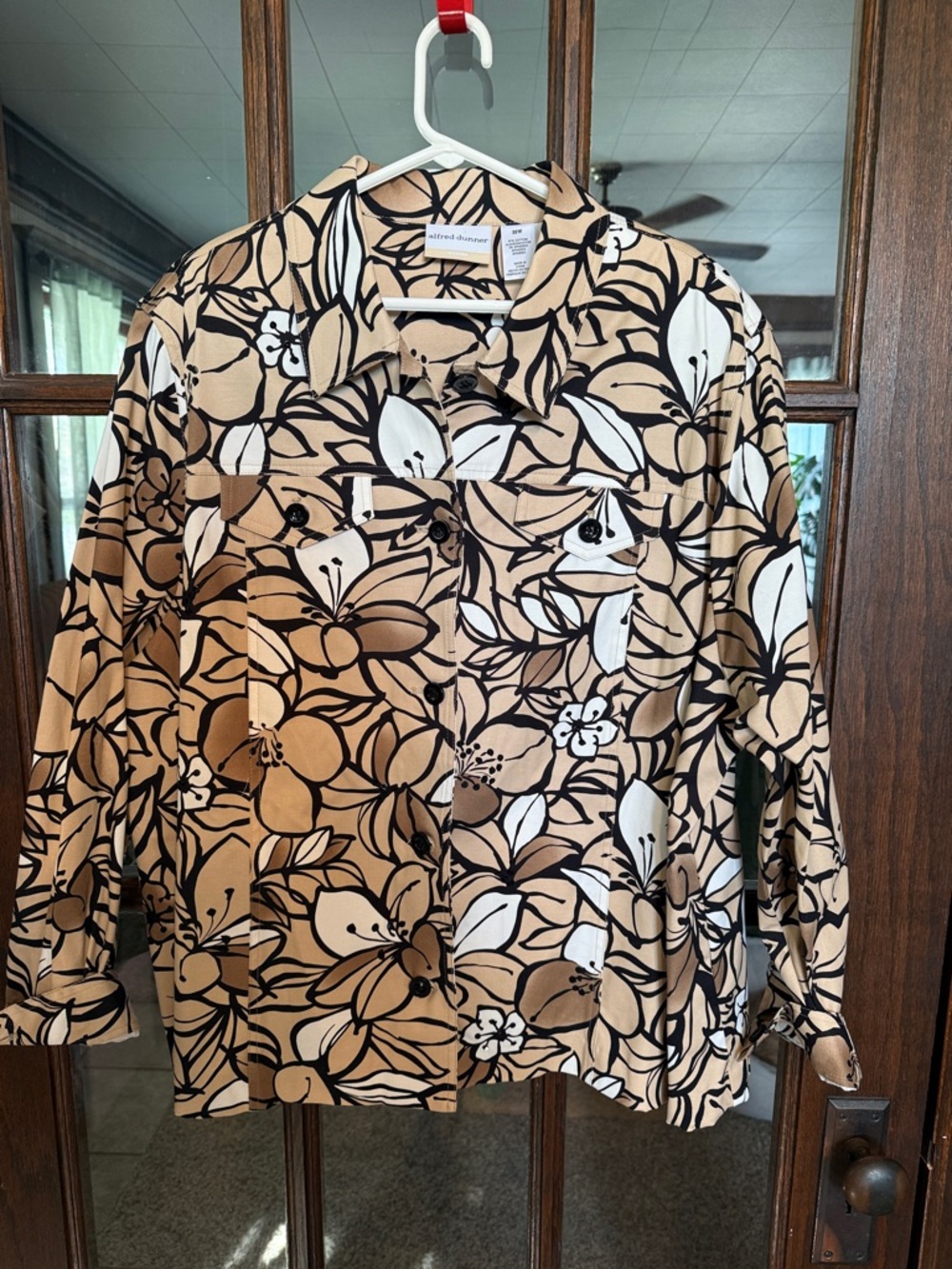 Alfred Dunner Women 22W Tan Black Floral‎ Sequin Button Front Jacket Plus Size